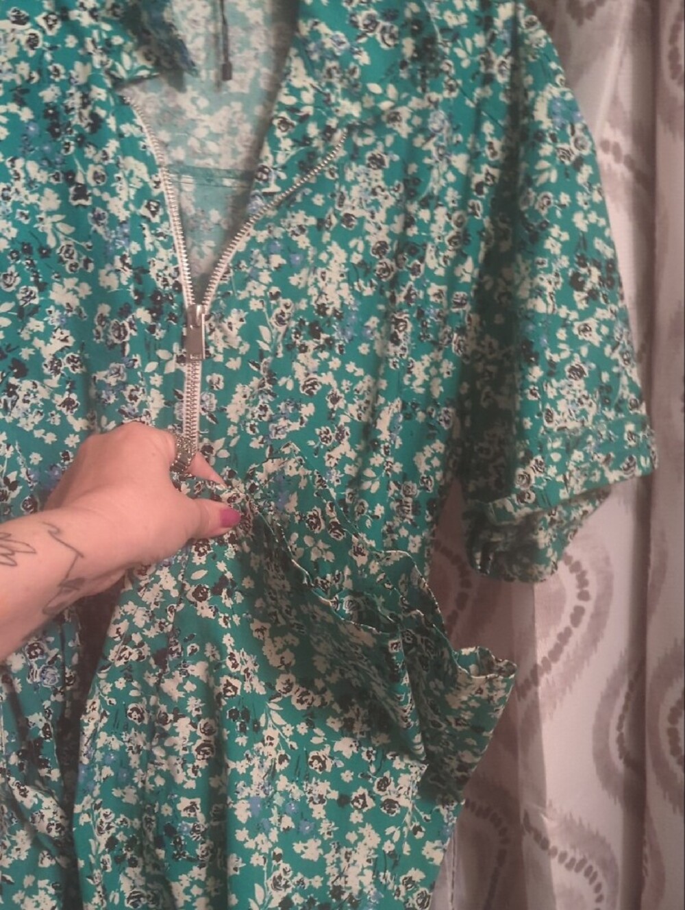 Zara Teal Green Floral Zip-Front Jumpsuit